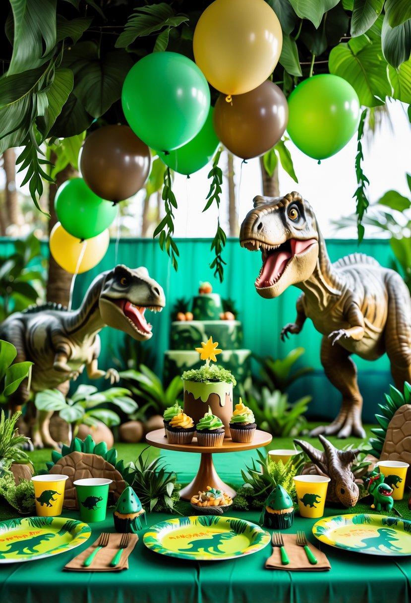 A birthday party setup with dinosaur models, tropical plants, themed tableware, balloons, and jungle decorations.