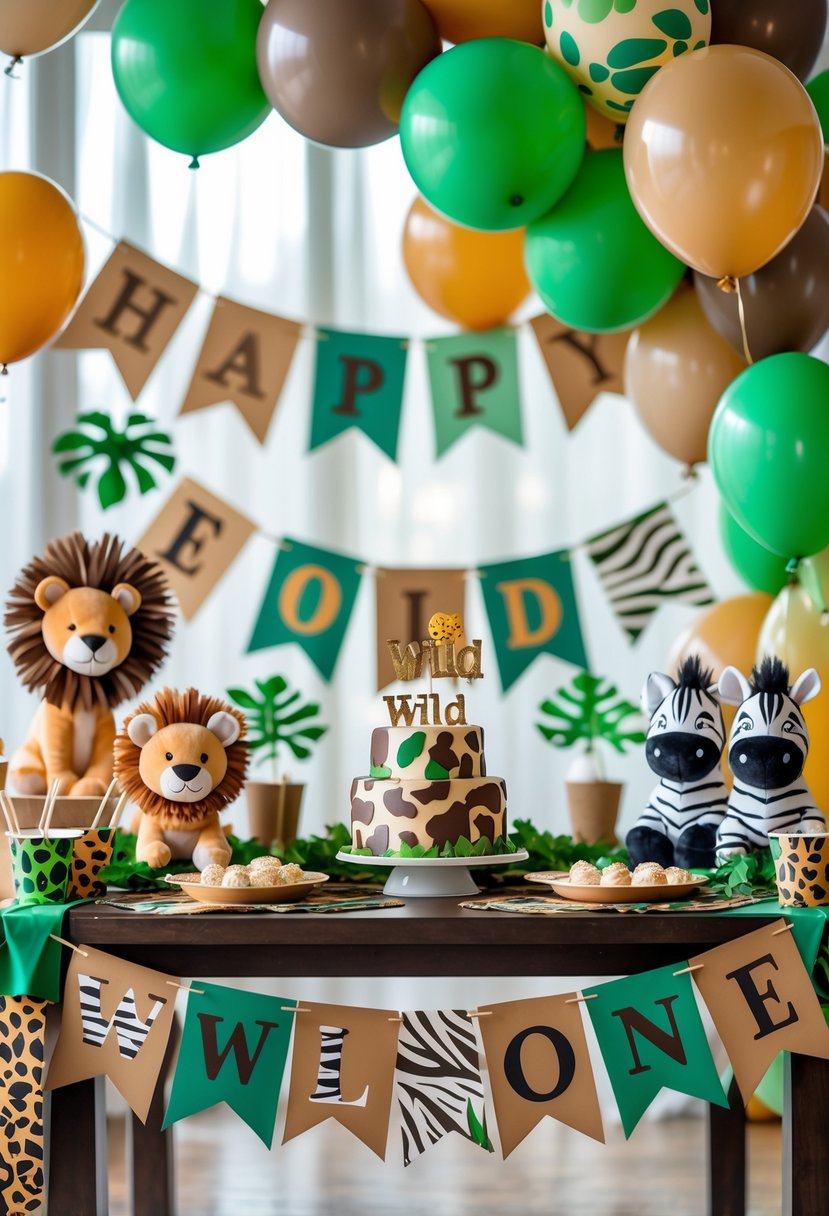 A decorated birthday party table with animal print decorations, balloons, and plush toy animals celebrating a one-year-old's birthday.