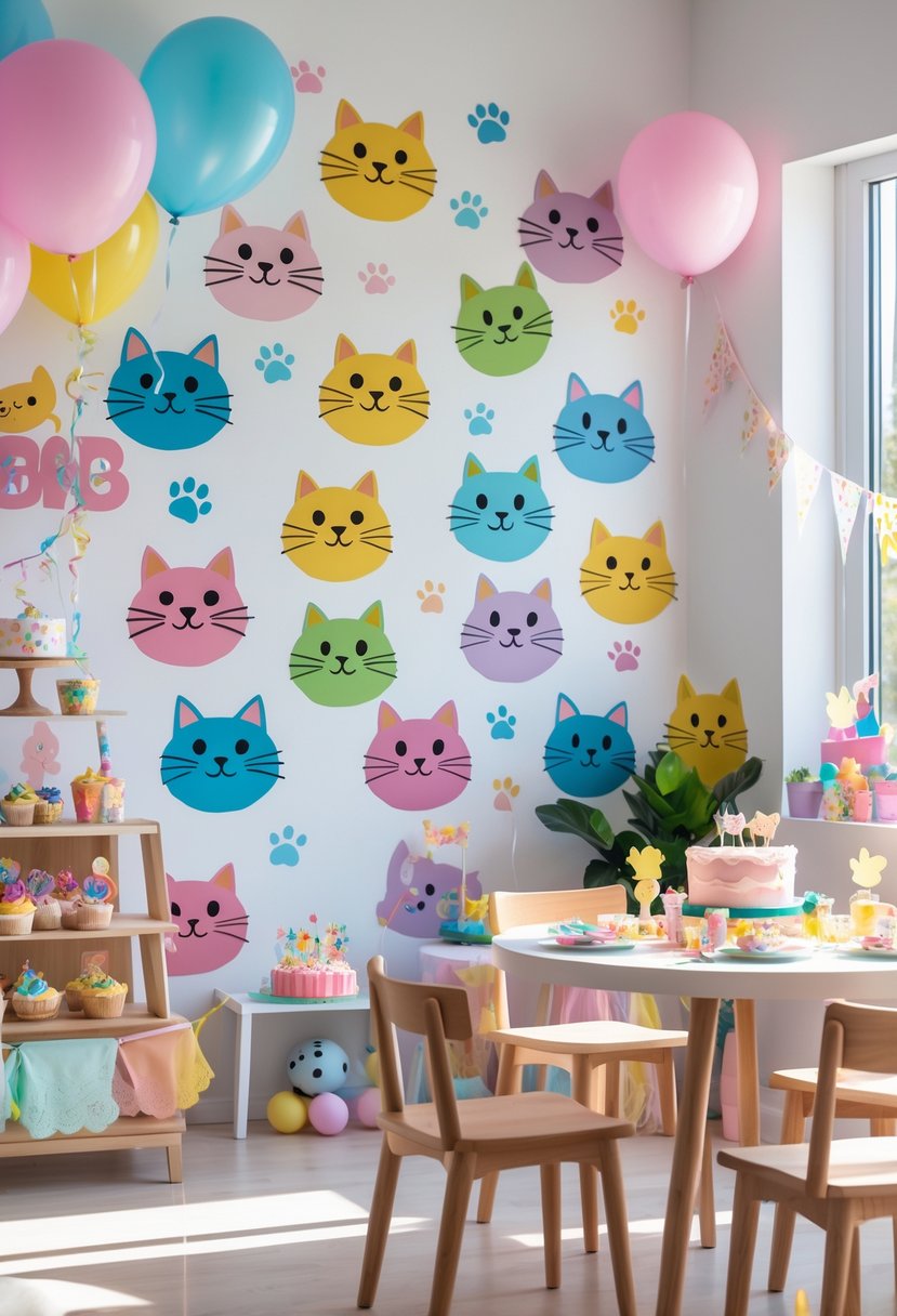 A children's birthday party room decorated with colorful cat-shaped wall decals, balloons, streamers, and a birthday cake on a decorated table.