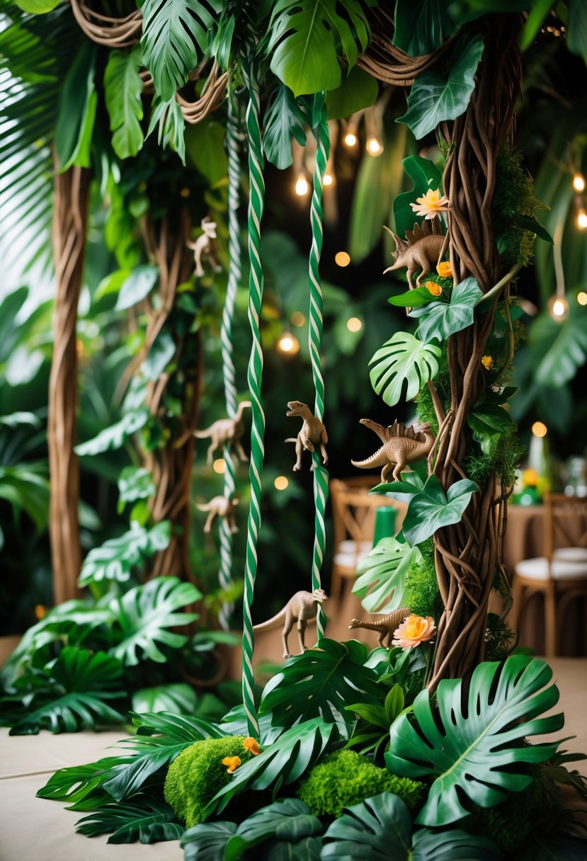 A close-up of green jungle vine garlands decorated with small dinosaur figurines hanging in a party setting surrounded by tropical foliage.