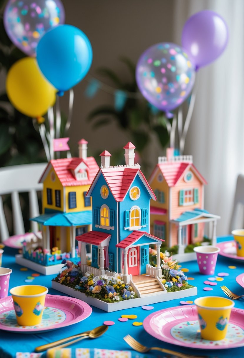 A birthday party table decorated with colorful miniature dollhouse centerpieces and matching party supplies.