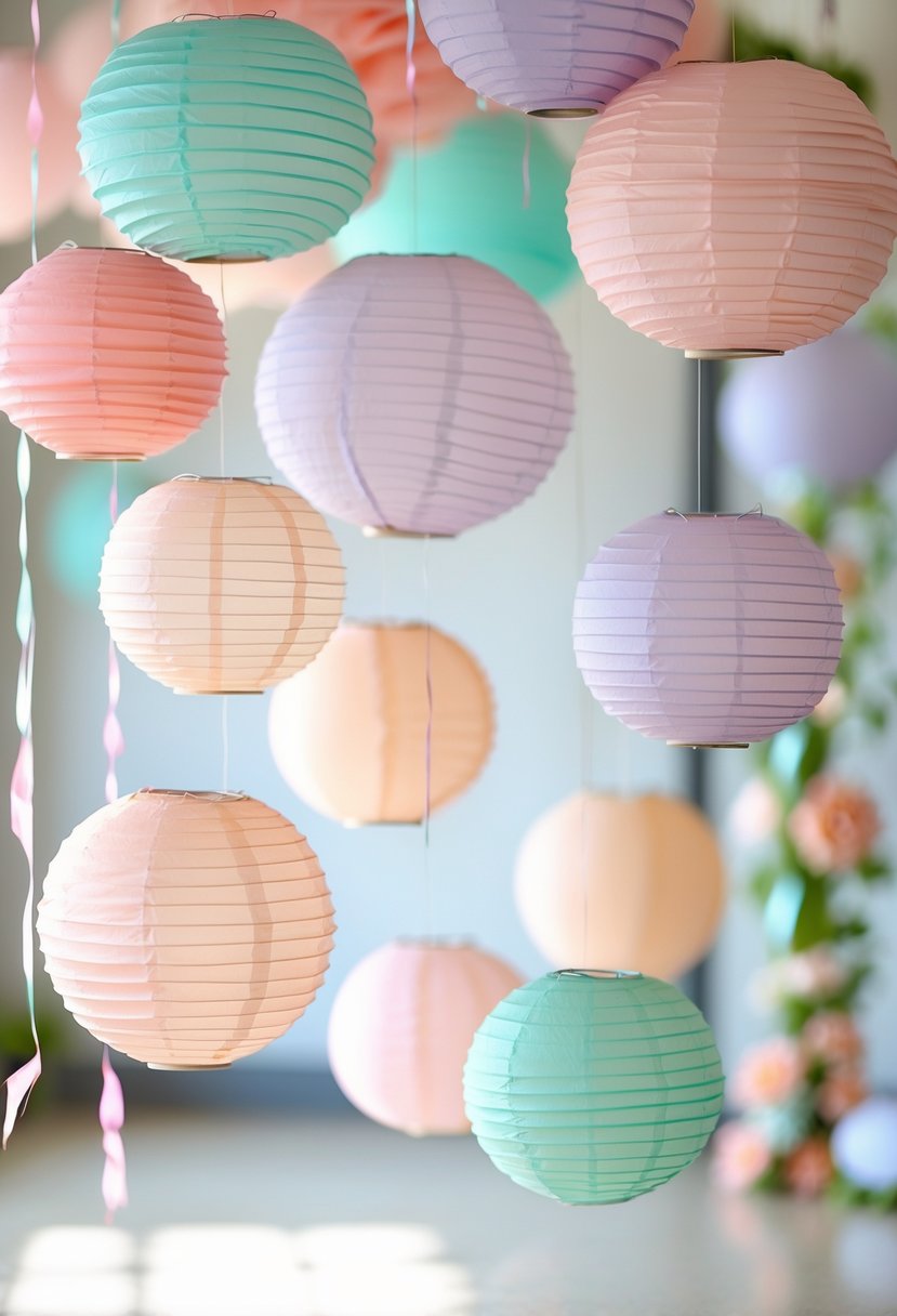 Colorful paper lanterns in pastel colors hanging indoors as birthday party decorations.