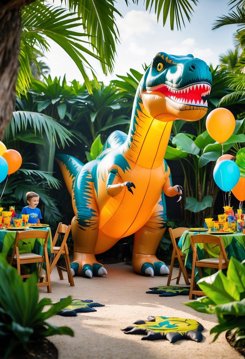 An inflatable T-Rex centerpiece surrounded by Jurassic Park themed birthday party decorations and greenery.