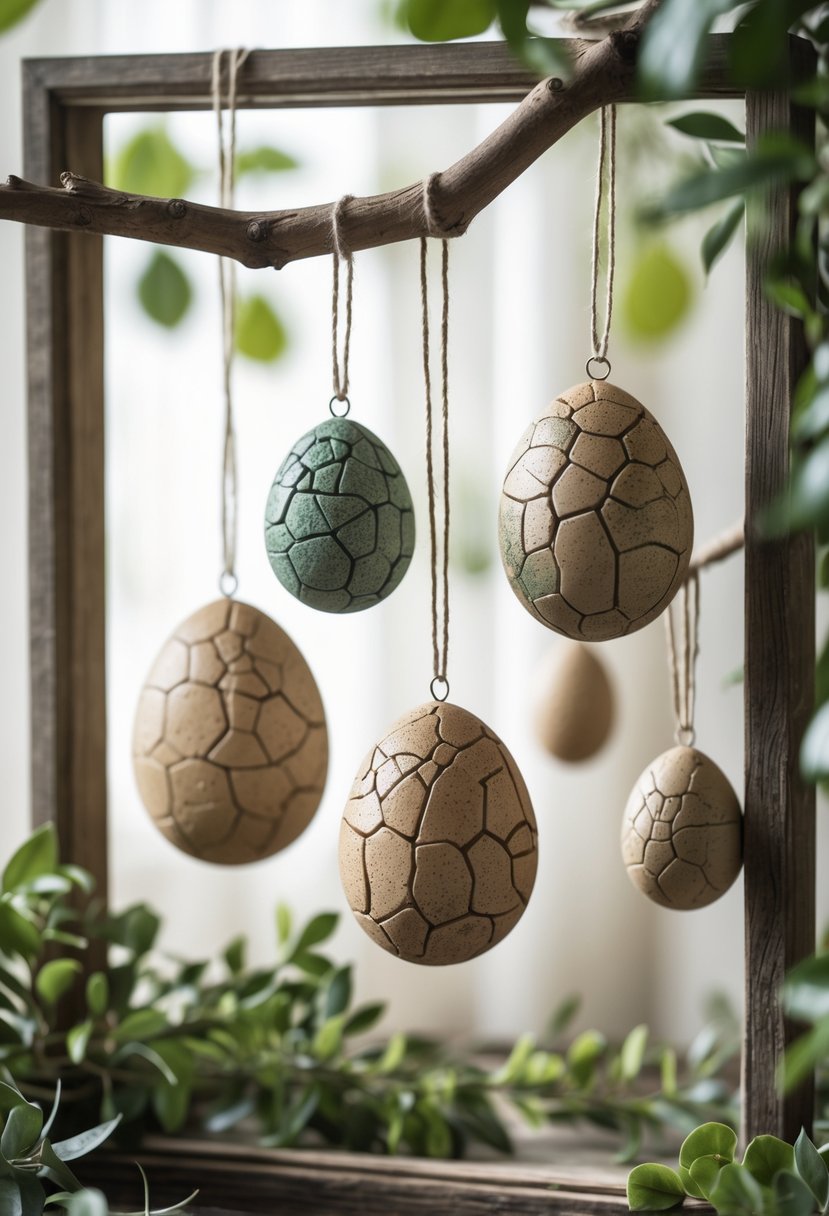 Several dinosaur egg ornaments hanging from a branch as part of birthday party decorations.