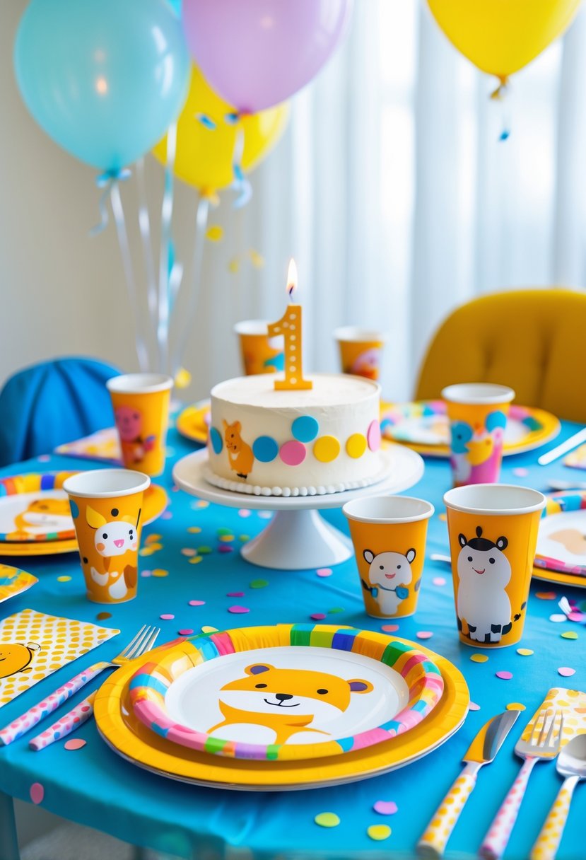 A decorated birthday table with cartoon-themed plates, cups, a birthday cake with one candle, balloons, and confetti.