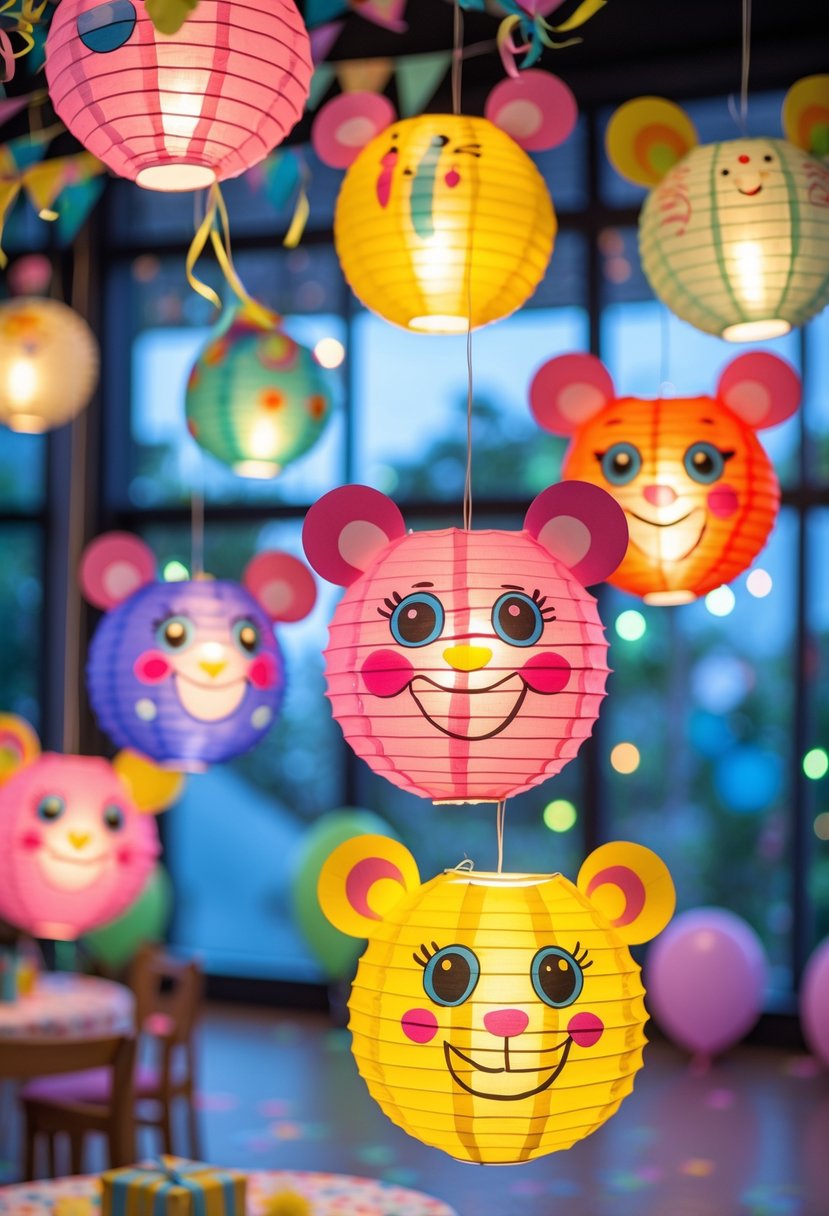 Colorful paper lanterns with character faces hanging indoors at a children's birthday party with balloons and decorations.