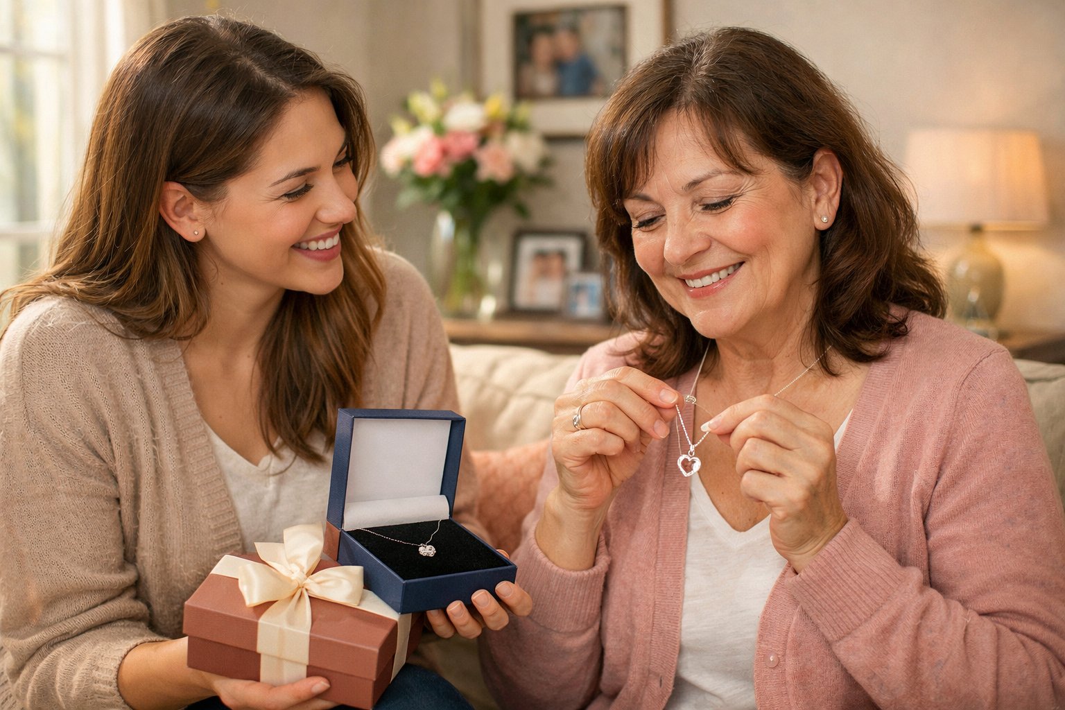 A daughter gives her mother a necklace gift, and the mother smiles warmly while holding the necklace in a cozy living room.