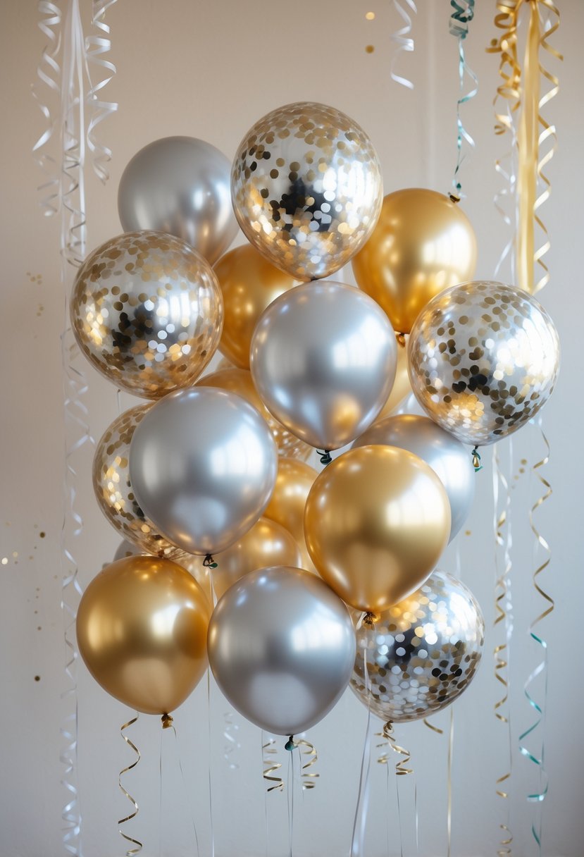 Gold and silver confetti-filled balloons floating with subtle birthday decorations in the background.