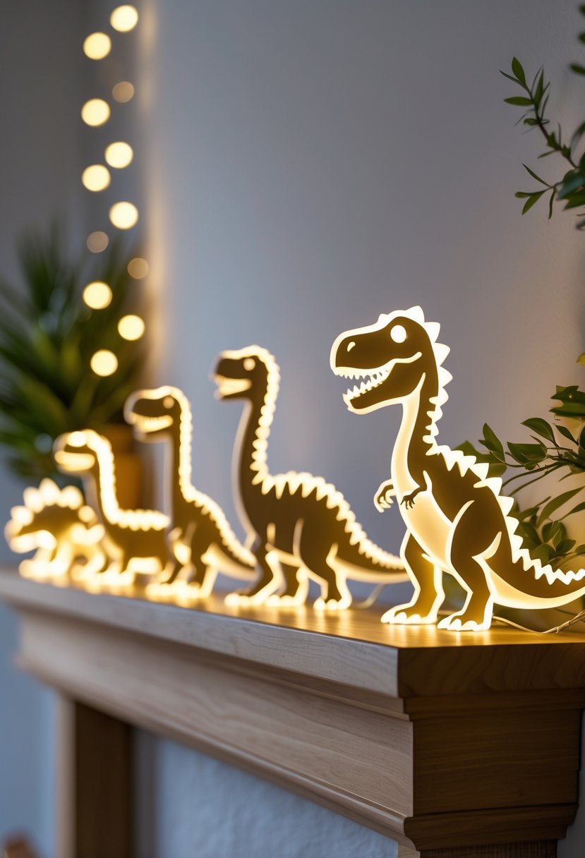 A row of glowing LED dinosaur silhouette lights shaped like different dinosaurs displayed on a shelf with small dinosaur figurines and greenery around.