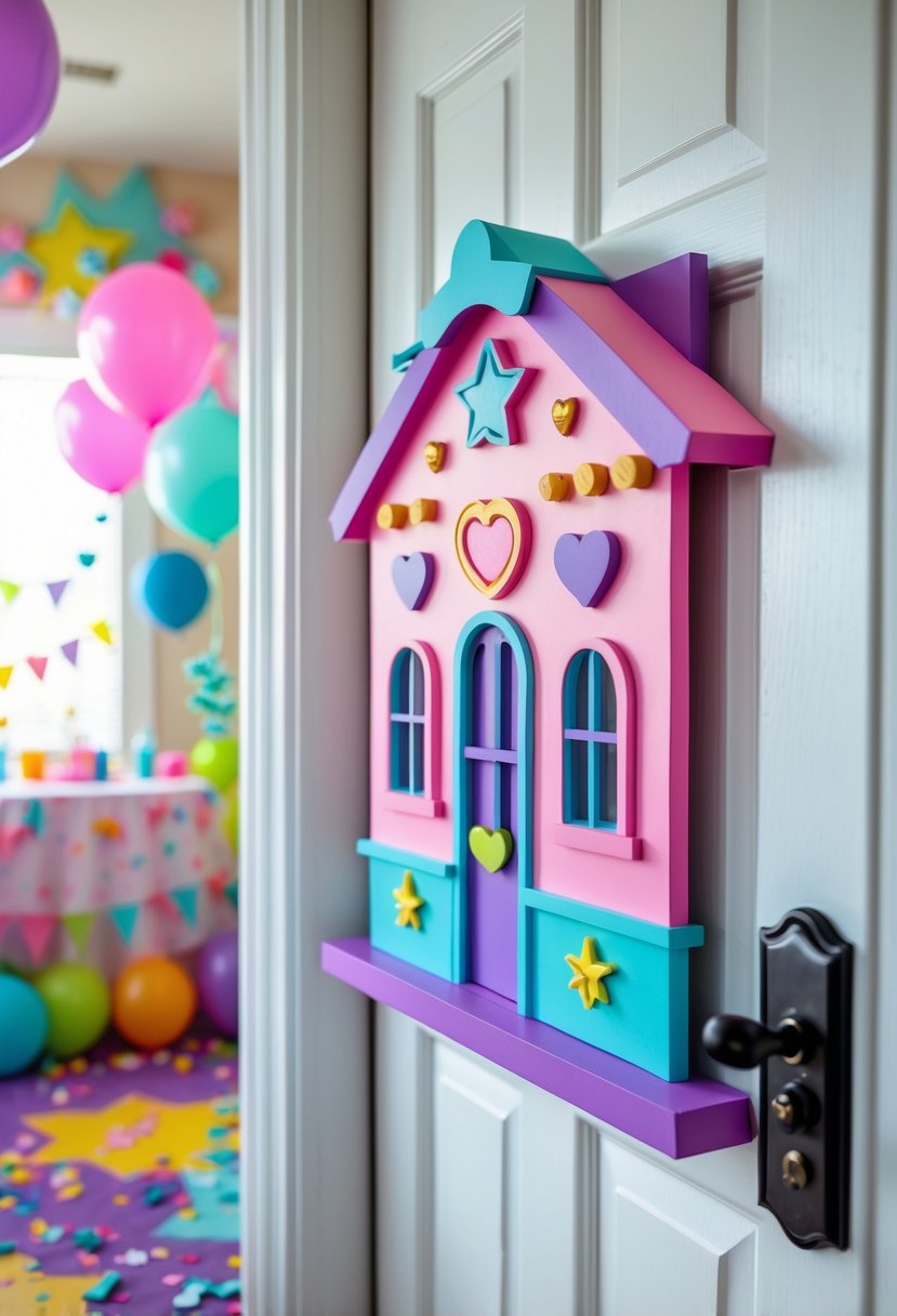 A colorful custom door sign for a child's birthday party featuring playful decorations and soft party elements in the background.