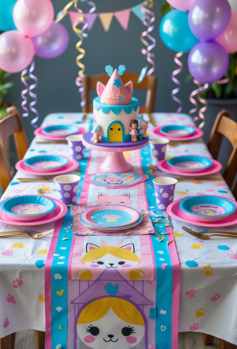 A children's birthday party table decorated with a colorful cat-themed table runner, matching party supplies, balloons, and festive decorations.
