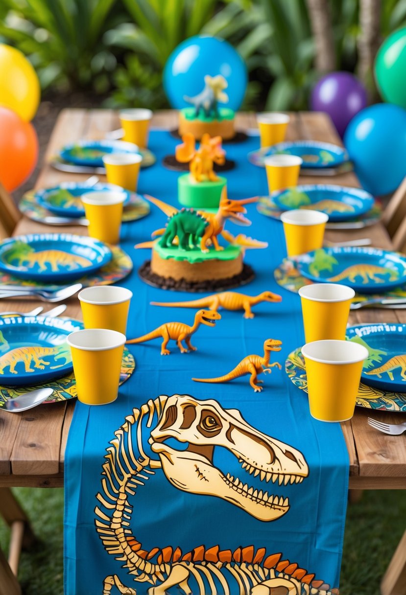 A birthday party table decorated with dinosaur skeleton-themed table runners, dinosaur figurines, and colorful party supplies outdoors.