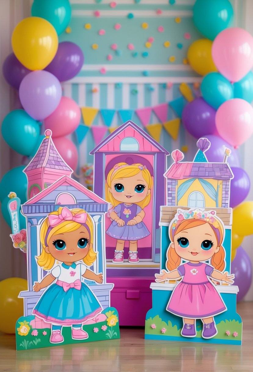 Colorful character cutouts from Gabby's Dollhouse arranged at a birthday party photo booth with balloons and decorations.