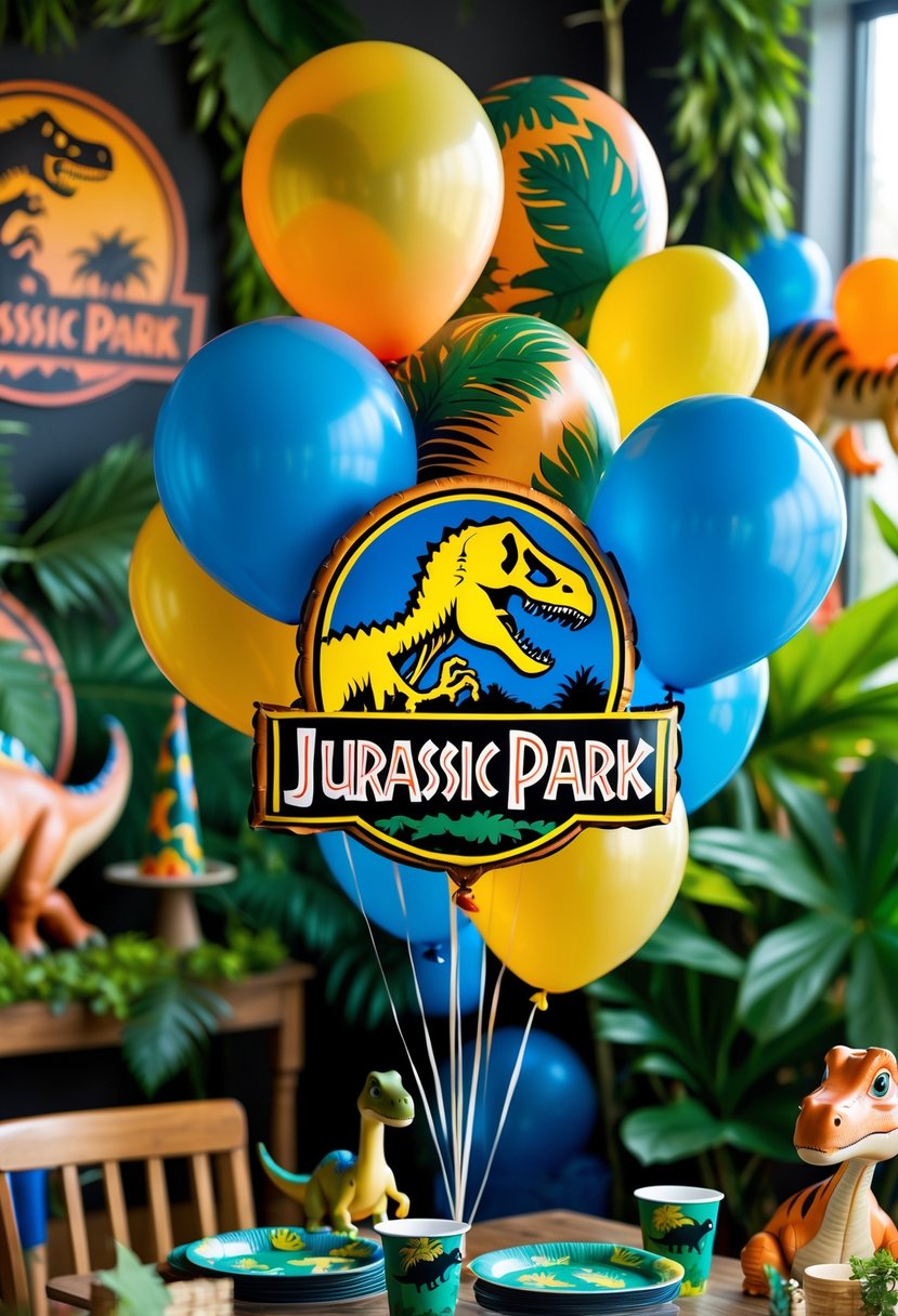 Indoor birthday party decorated with colorful Jurassic Park logo balloons and dinosaur-themed decorations.