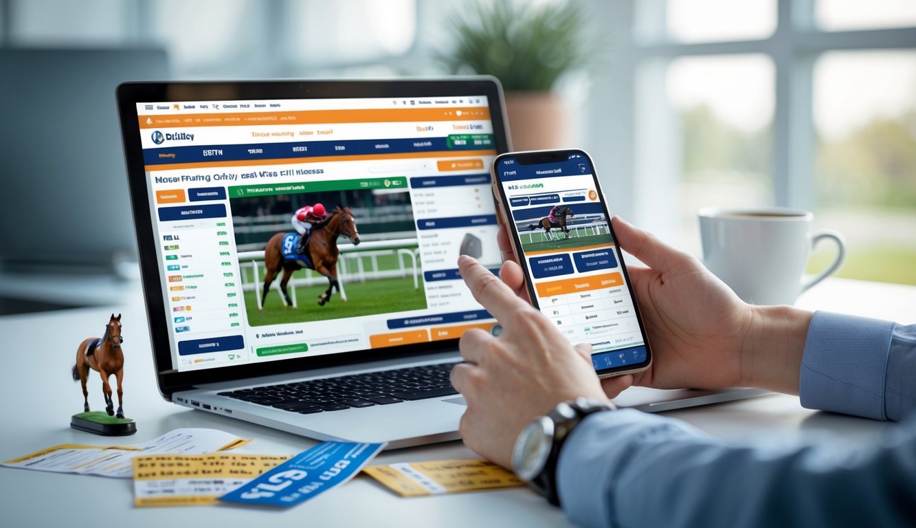 Seseorang menggunakan laptop dan ponsel untuk bertaruh pada balap kuda online di sebuah meja kerja yang terang.