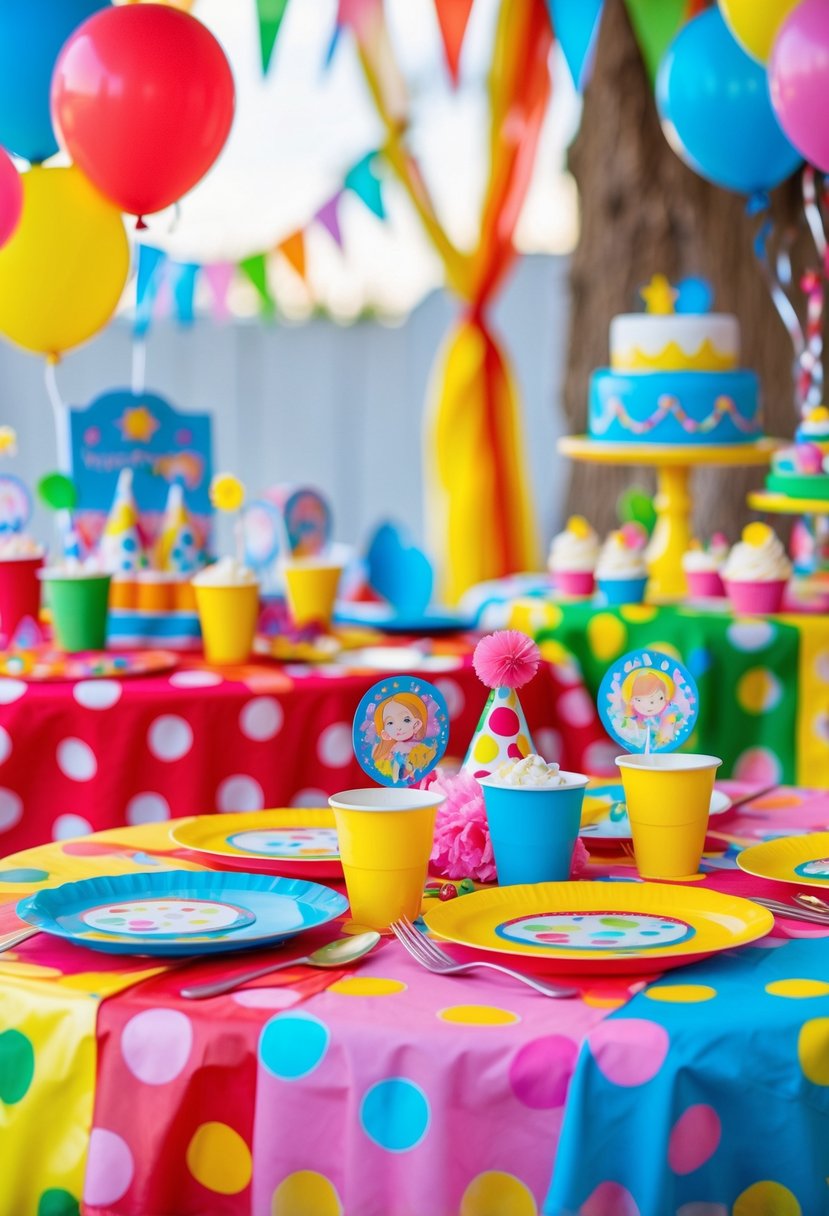 A colorful children's birthday party table with bright polka dot tablecloths, balloons, confetti, and festive decorations.