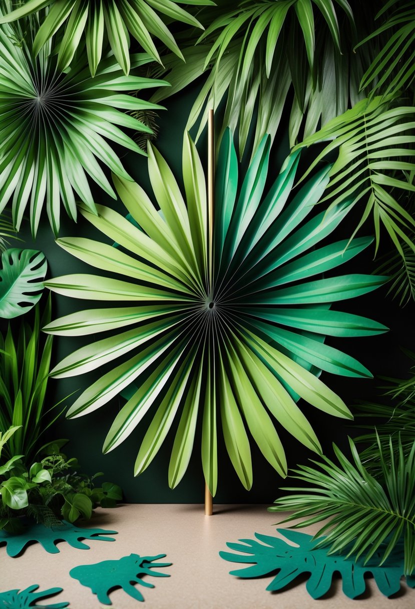 A display of palm leaf paper fans arranged with tropical plants and dinosaur footprints as birthday party decorations.