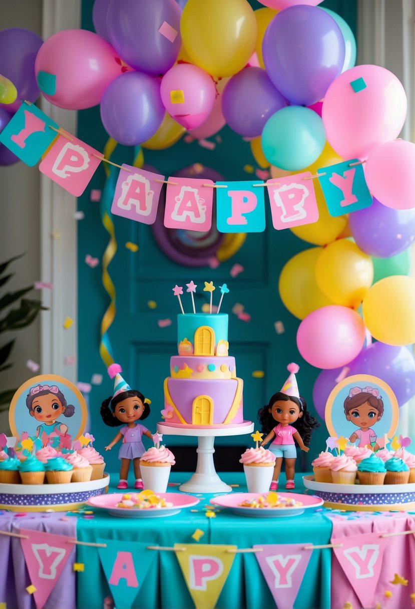 A colorful children's birthday party setup with themed decorations, balloons, a decorated table with cupcakes and a birthday cake, and playful character figurines.