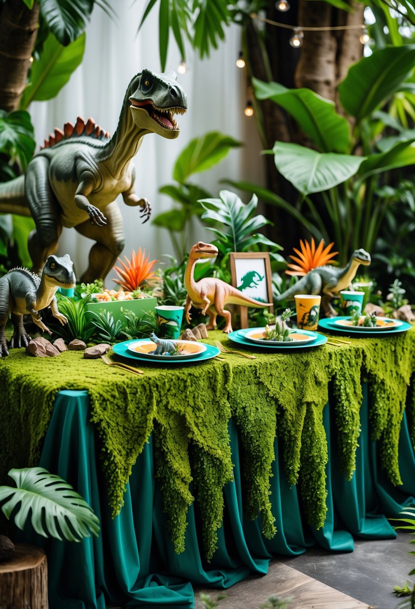 A birthday party table decorated with green faux moss tablecloth and dinosaur-themed decorations surrounded by tropical plants.