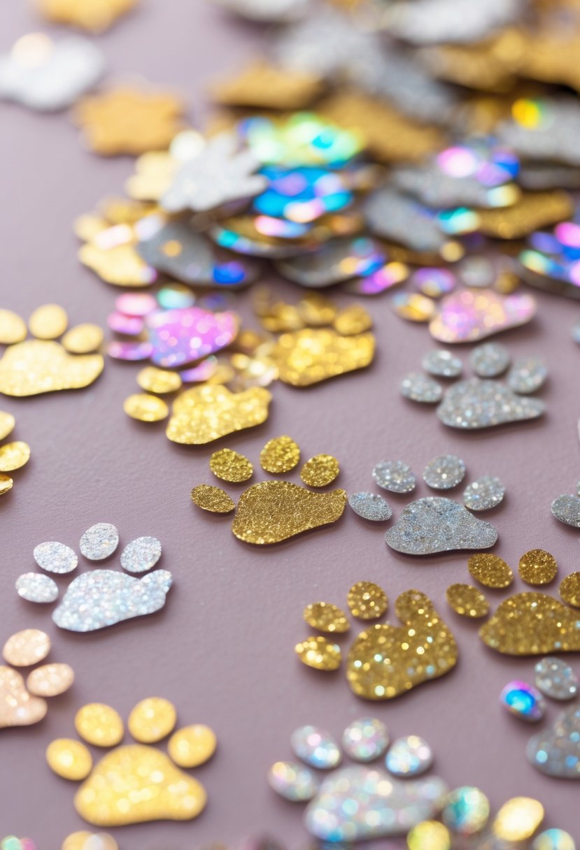 Close-up of glittery paw print confetti scattered on a pastel surface, creating a festive and playful scene.