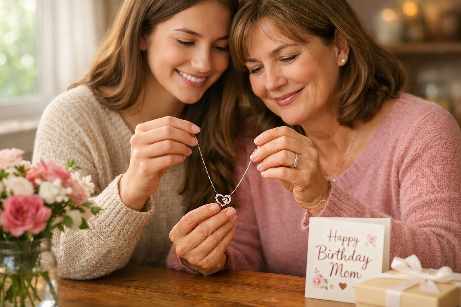A daughter giving a personalized necklace to her mother as a birthday gift while they sit together and smile.