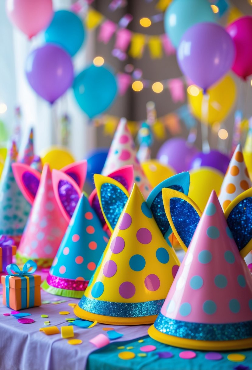 A table displaying colorful cat ear party hats surrounded by balloons and birthday decorations.