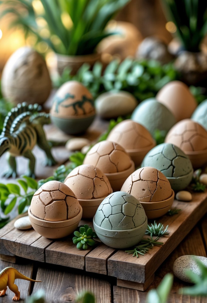 Clay dinosaur egg party favors arranged on a wooden table with miniature dinosaur figures and green foliage.