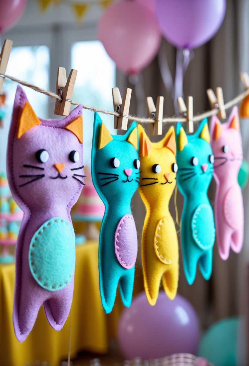Colorful felt character garland hanging with playful cat shapes and pastel colors at a birthday party.