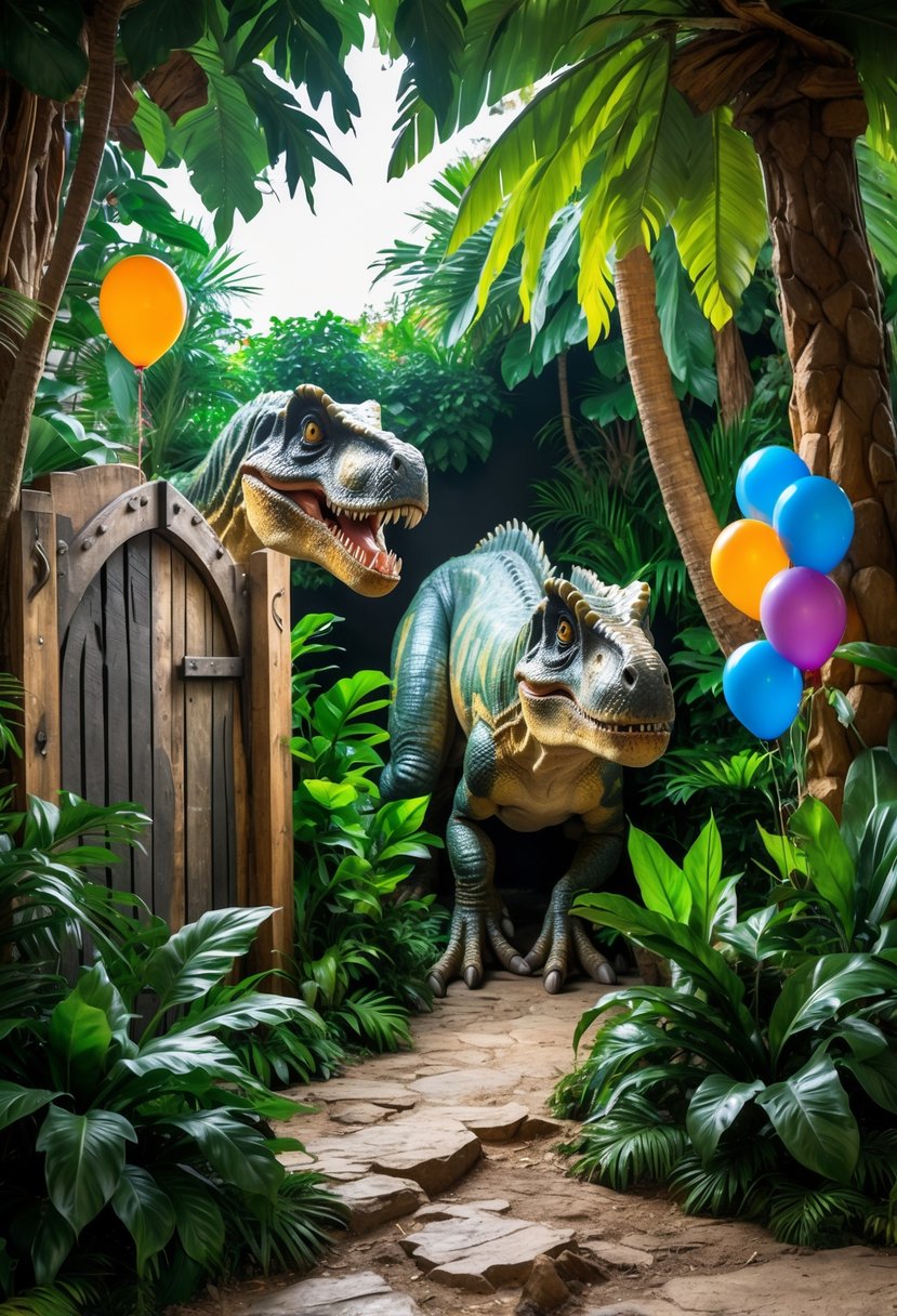 A jungle scene with dense green plants and a large dinosaur figure next to a wooden gate, decorated for a birthday party with balloons.