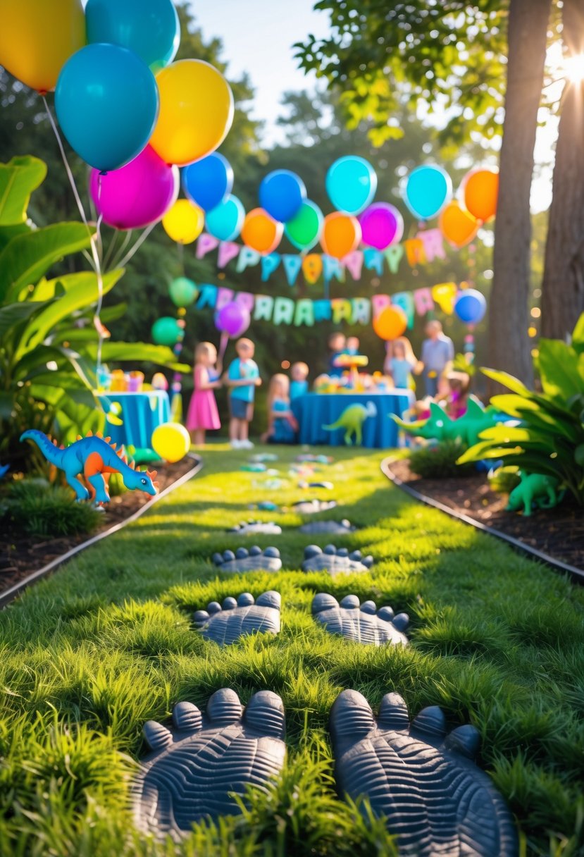 A grassy path with large dinosaur footprints leads to an outdoor birthday party decorated with colorful balloons and dinosaur-themed decorations, with guests enjoying the celebration.