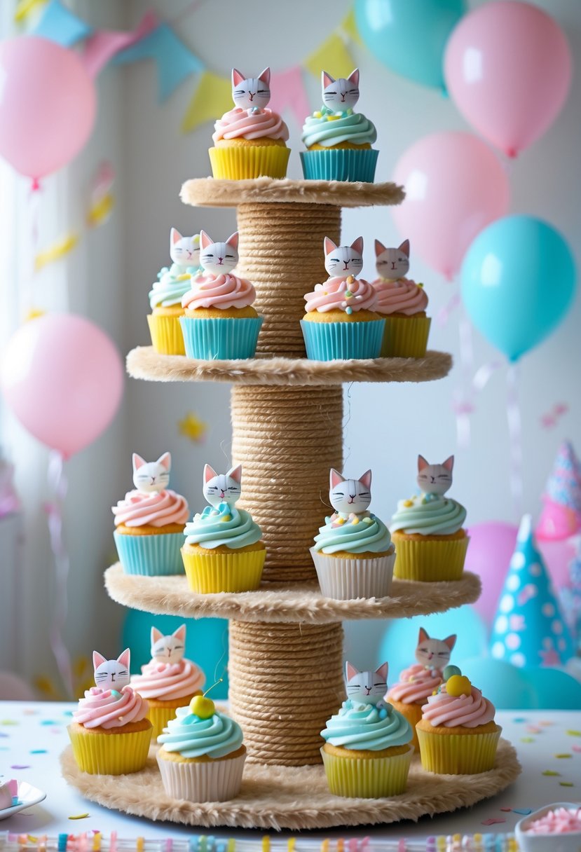 A cupcake stand designed like a cat tree holding decorated cupcakes, surrounded by birthday party decorations.
