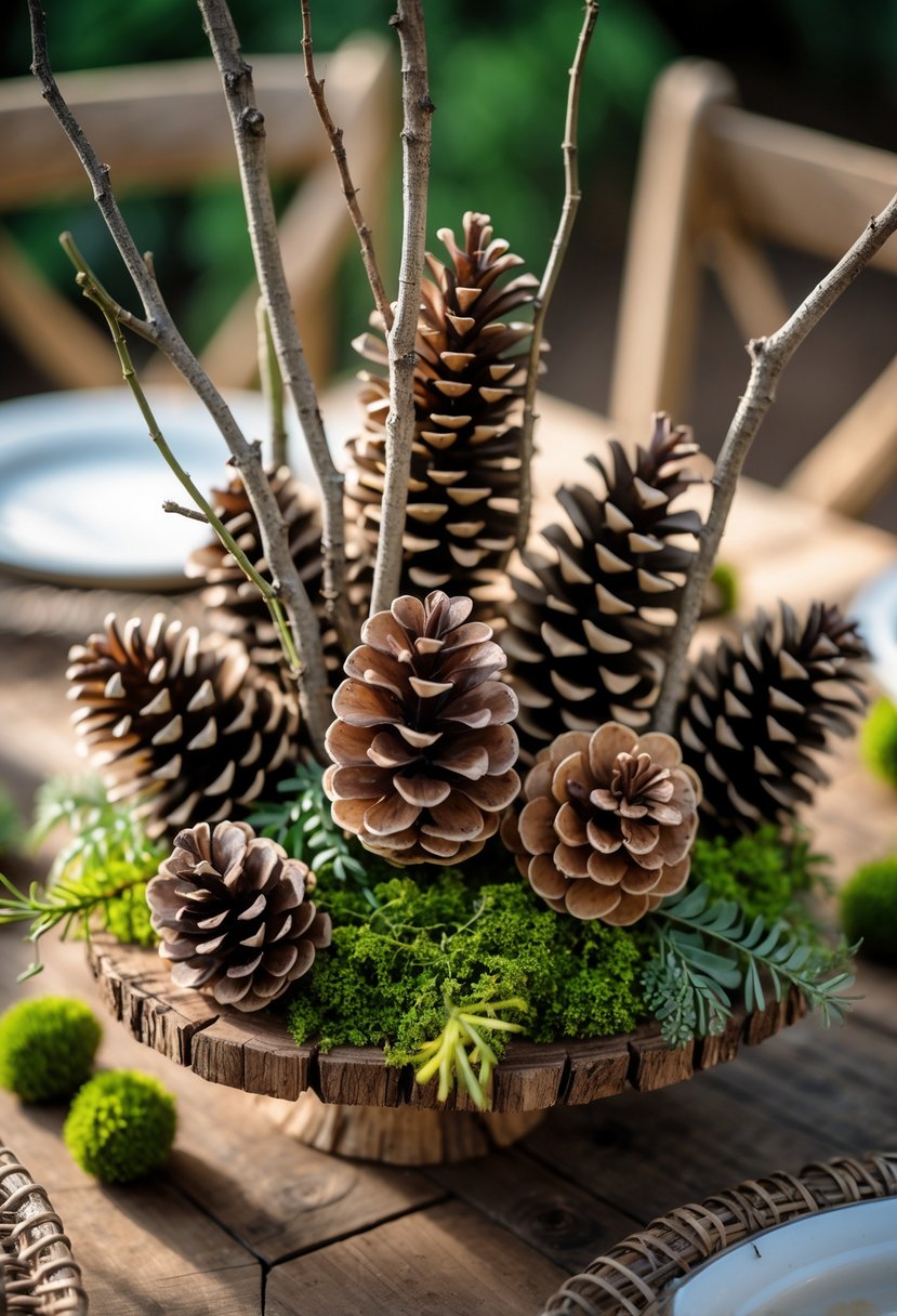 A rustic centerpiece made of pine cones and twigs arranged on a wooden table with green foliage and moss accents.