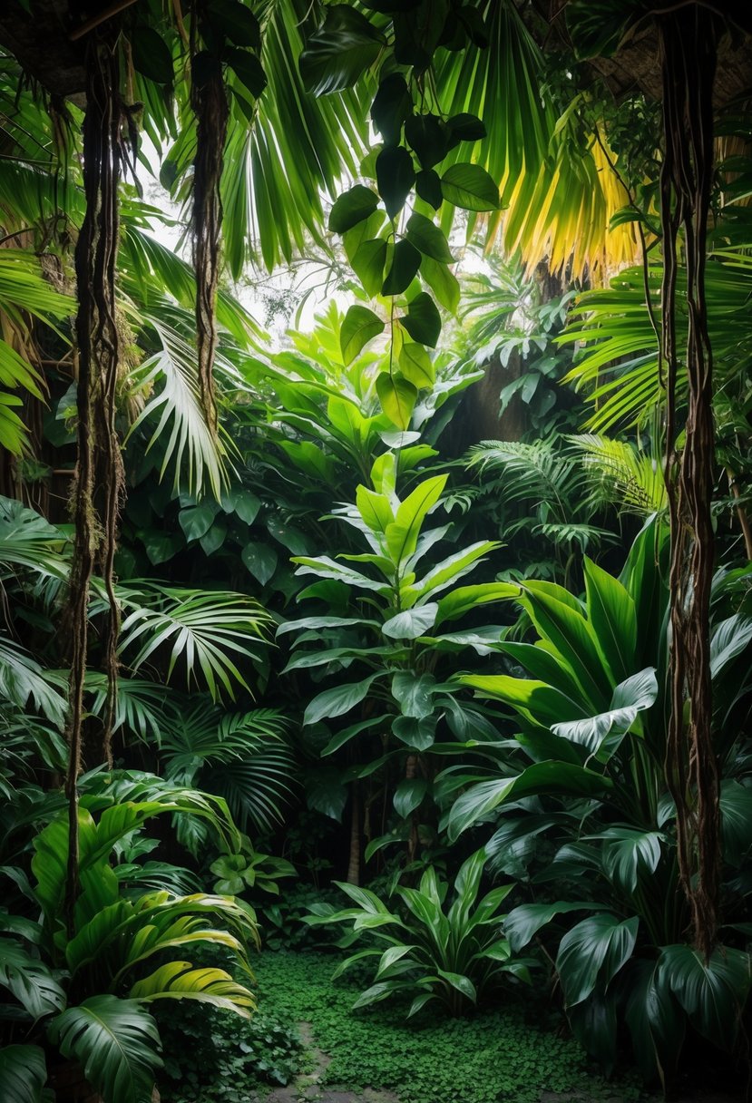 A dense jungle scene with green palm leaves and hanging vines creating a prehistoric atmosphere.