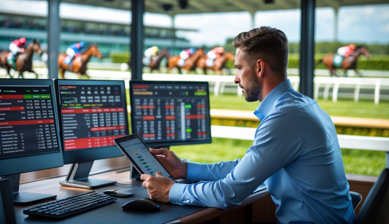 Seorang petaruh fokus menganalisis data balap kuda dengan layar komputer dan ponsel, latar belakang menunjukkan kuda sedang berlomba di lintasan.