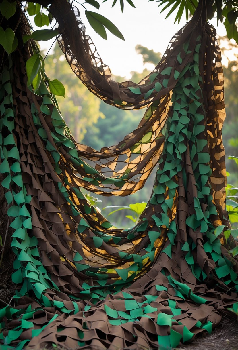 Green and brown camouflage netting arranged outdoors among leaves and branches.