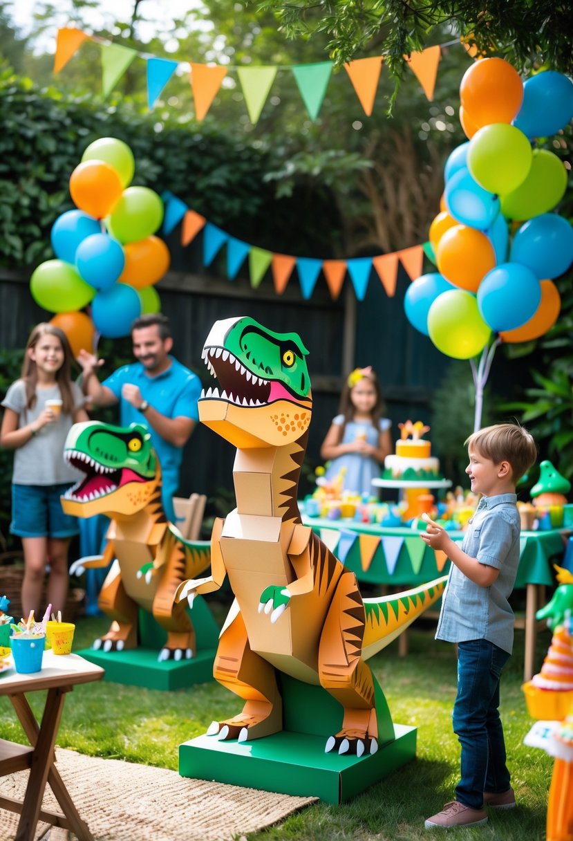 Children and adults enjoying a dinosaur-themed birthday party with large 3D cardboard T-Rex cutouts and colorful decorations outdoors.