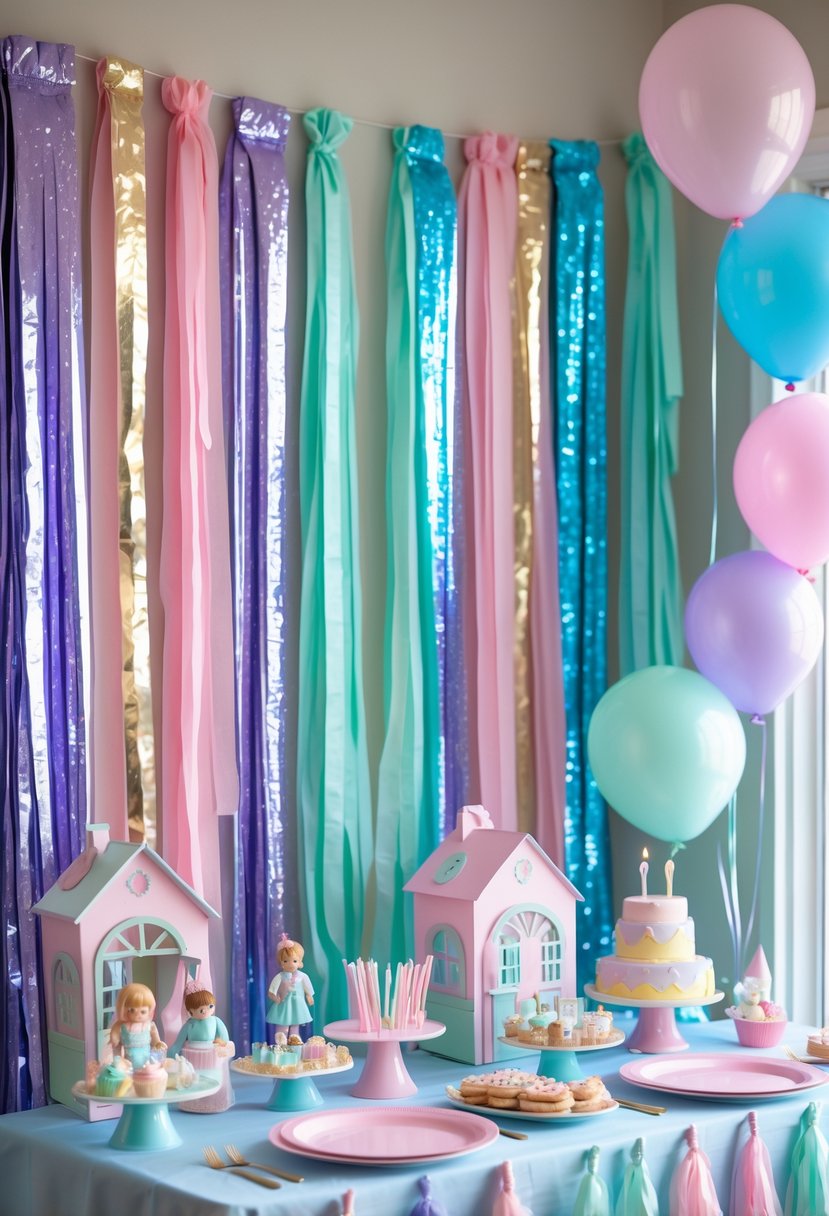 Birthday party setup with pastel-colored foil tassel curtains, balloons, and themed decorations on a table.