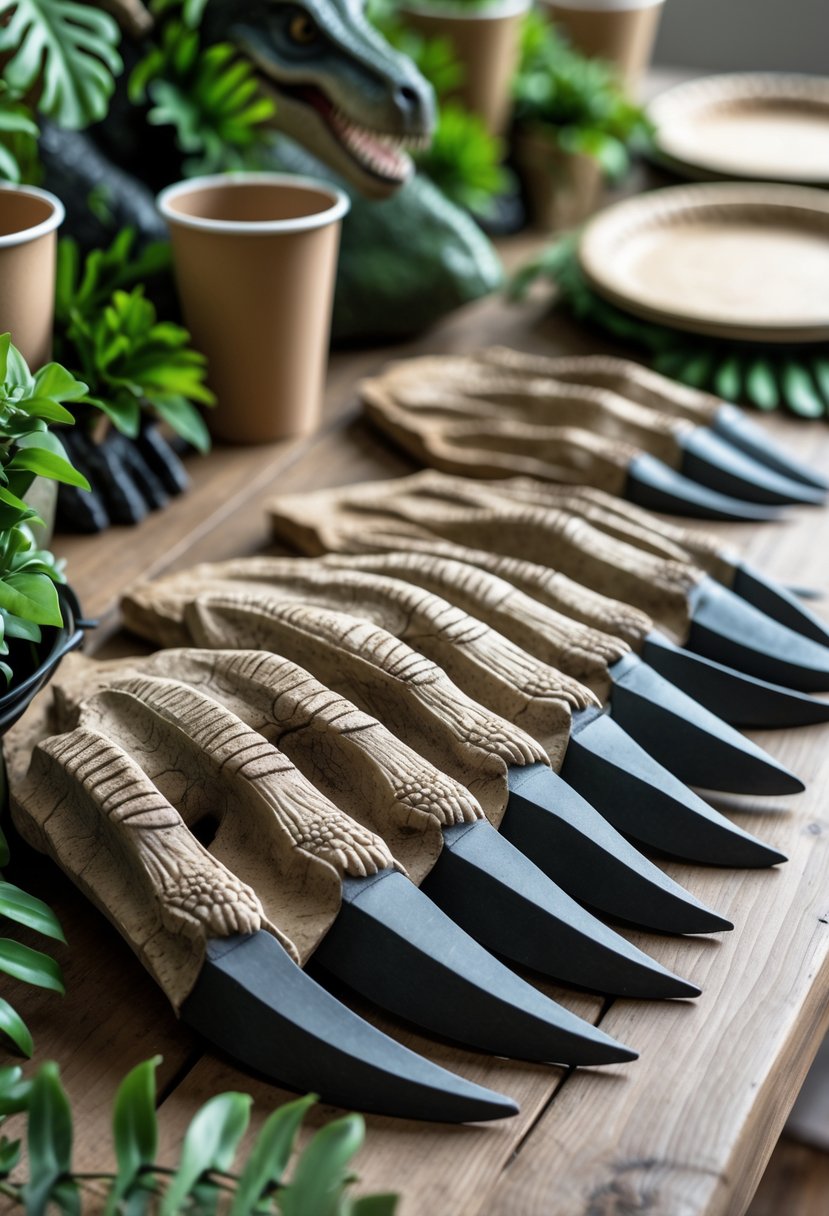 Realistic Velociraptor claw cutouts arranged on a table with dinosaur-themed decorations for a birthday party.