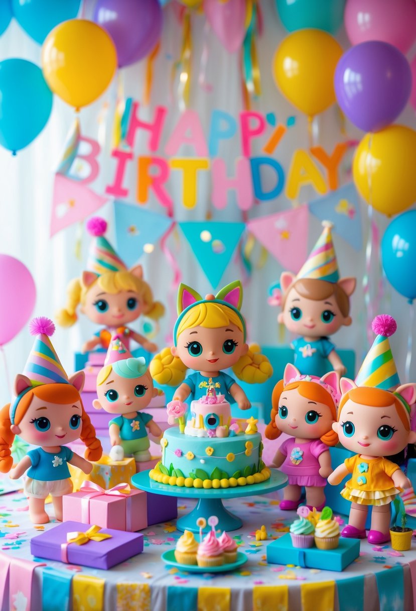 A birthday party table decorated with mini plush character toys, balloons, streamers, and colorful party treats.