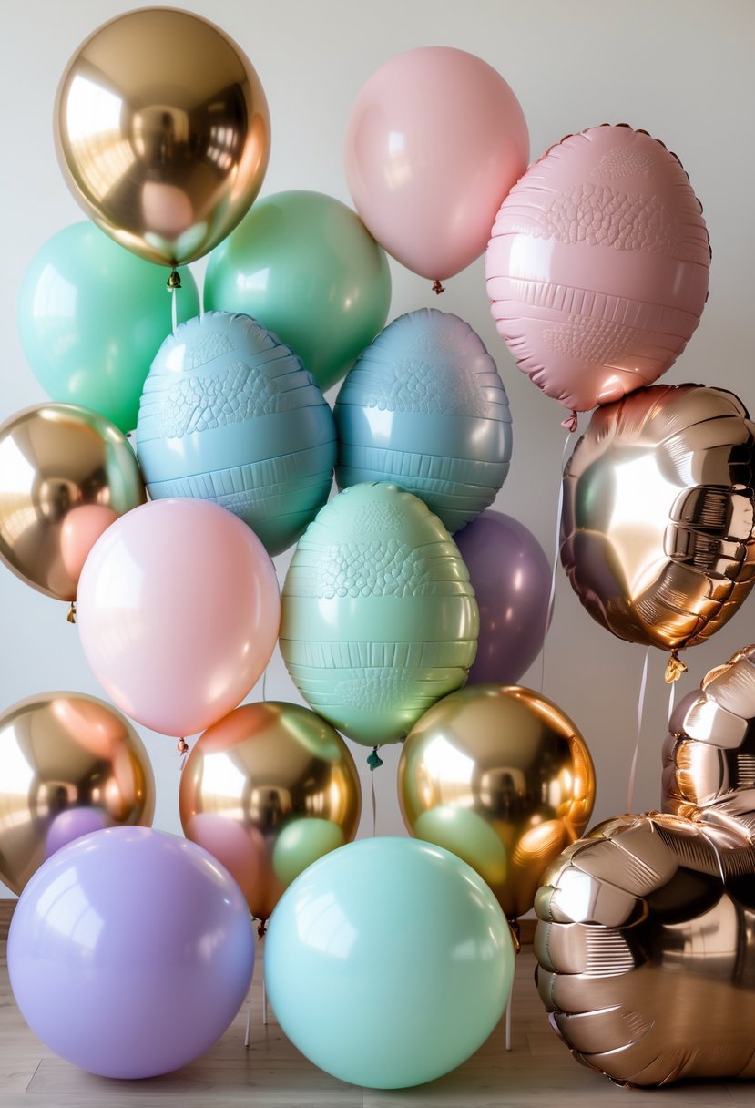 A collection of pastel and metallic dinosaur egg-shaped balloons arranged for a birthday party celebration.