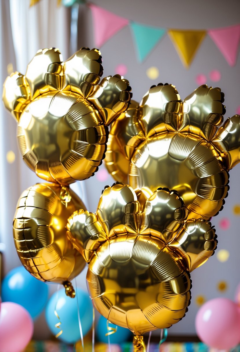 Gold foil balloons shaped like cat paws arranged in a birthday party setting with pastel decorations.