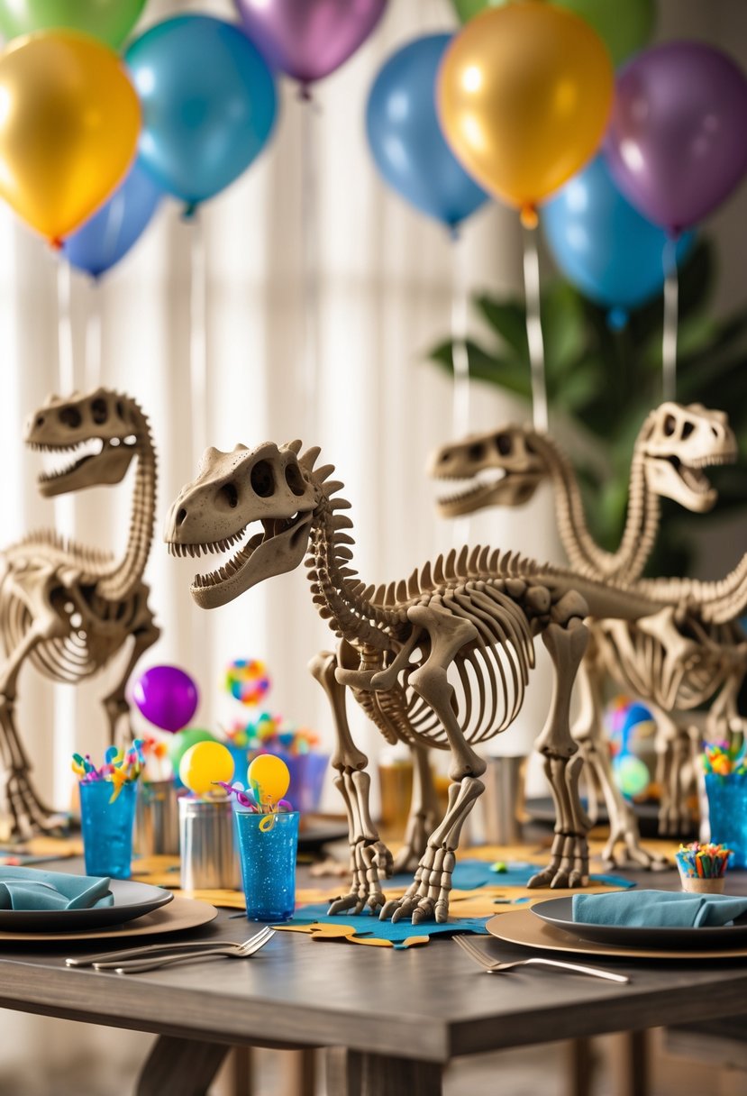 A birthday party table decorated with dinosaur skeleton centerpieces and colorful party decorations.