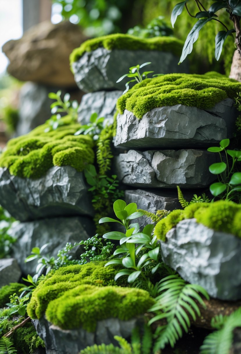 Faux rock formations covered with moss and greenery resembling a natural prehistoric setting.