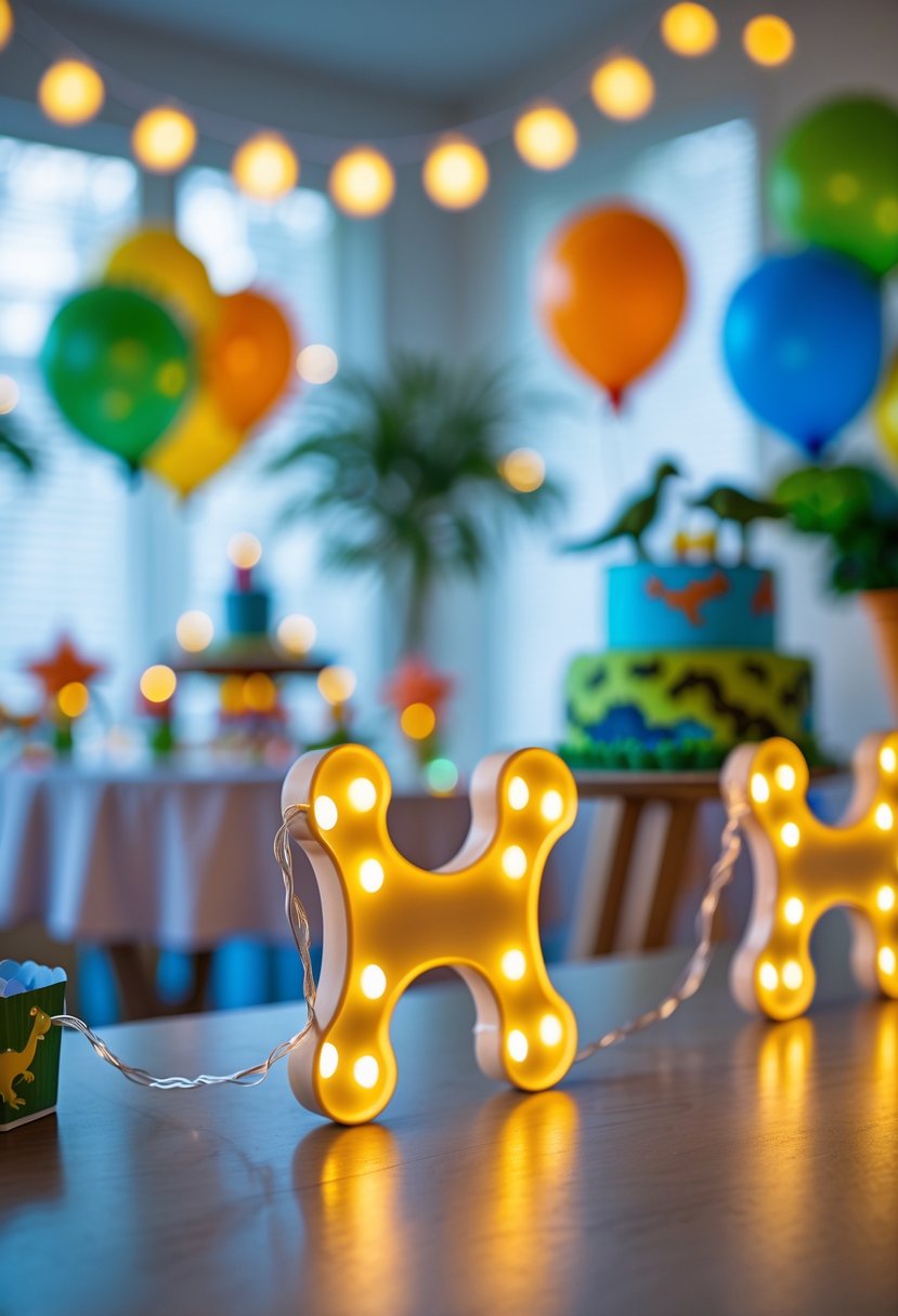 Bone-shaped string lights glowing above a dinosaur-themed birthday party setup with balloons and decorations.