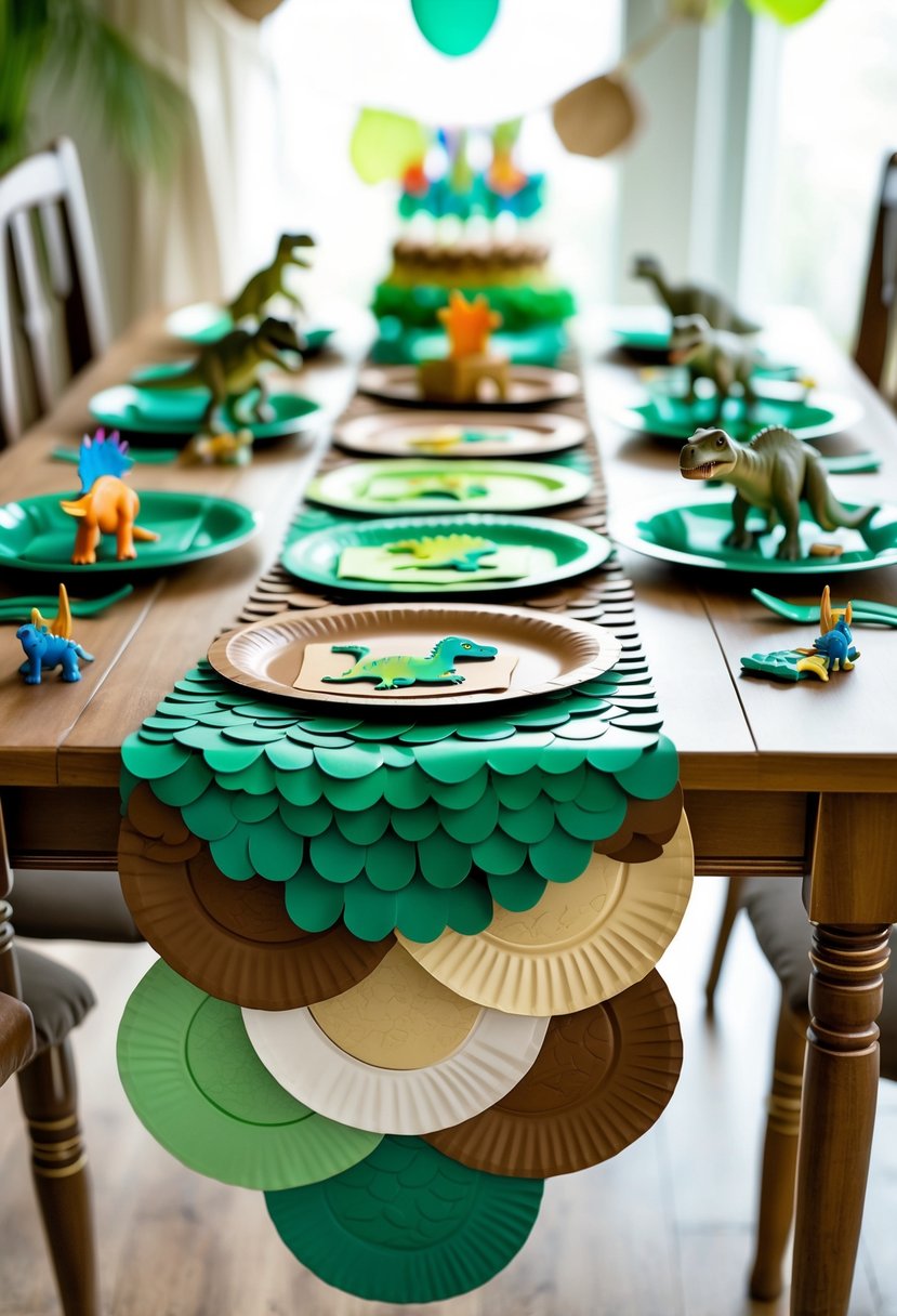 A birthday party table decorated with a layered paper plate table runner resembling dinosaur scales and dinosaur-themed decorations.