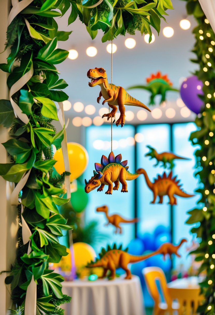 A party decorated with green leafy garlands and colorful dinosaur-shaped hanging decorations.