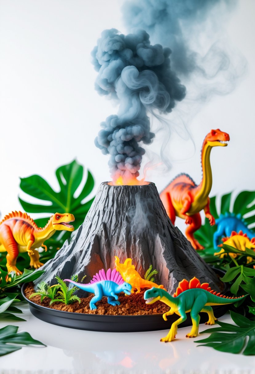 A detailed volcano centerpiece with smoke surrounded by dinosaur figurines and green decorations on a white background.