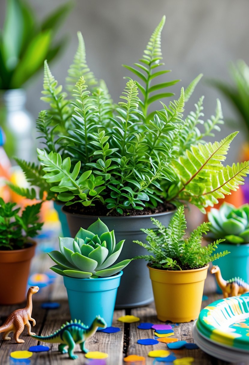 Mini potted ferns and succulents arranged with small dinosaur-themed birthday party decorations on a wooden surface.