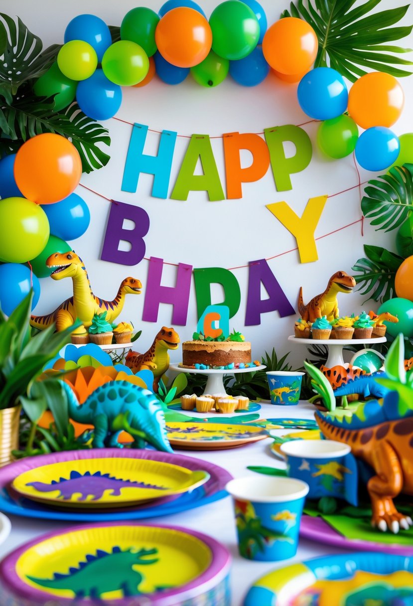 A colorful dinosaur-themed birthday party setup with a bold letter banner, dinosaur balloons, and festive decorations.