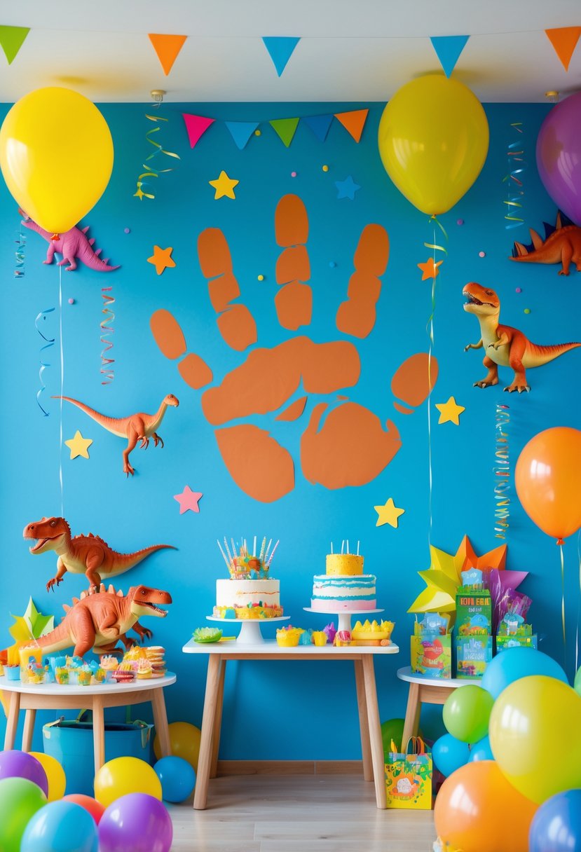 A birthday party scene with dinosaur claw handprint wall decals on the wall and colorful decorations around a table with a cake.
